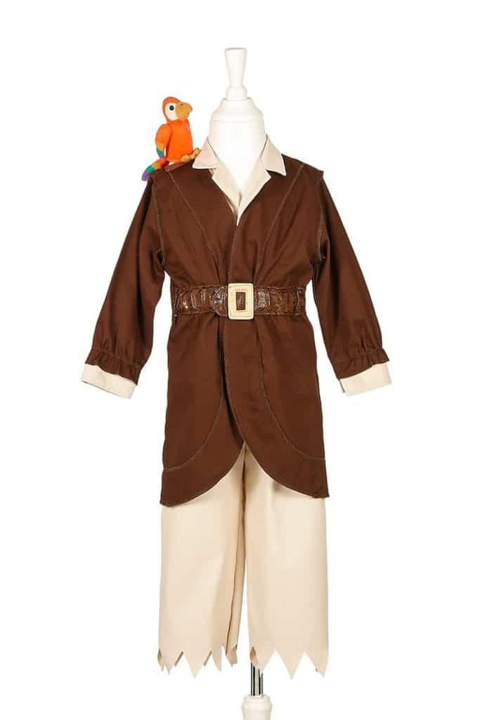 Bruin piratenpak kind met crèmekleurige broek, brede riem en oranje papegaai op de schouder, getoond op een paspop