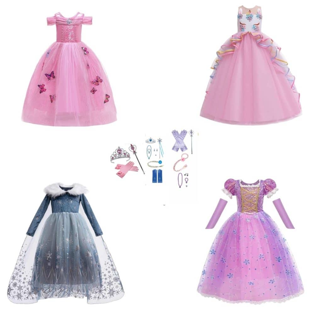 Voordeelpakket met vier luxe prinsessenjurken en accessoires: roze, paarse en blauwe jurken op een witte achtergrond.