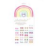 Verpakking met 30 paar kleurrijke plakoorbellen van Great Pretenders, met regenbogen, harten en andere figuren