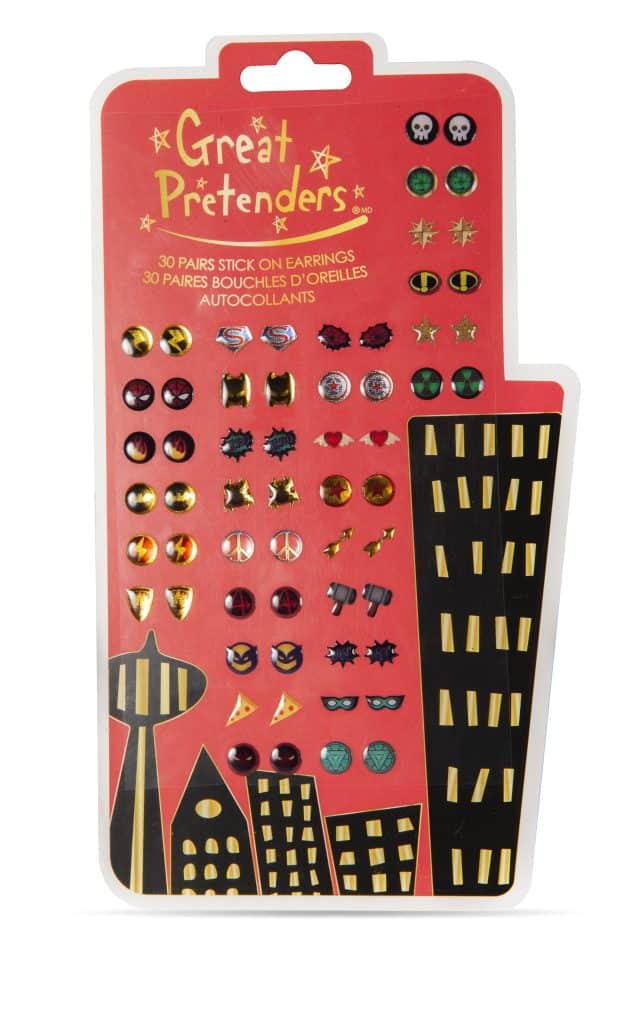Rode verpakking met 30 paar plakoorbellen met kleurrijke superheldenmotieven van Great Pretenders.