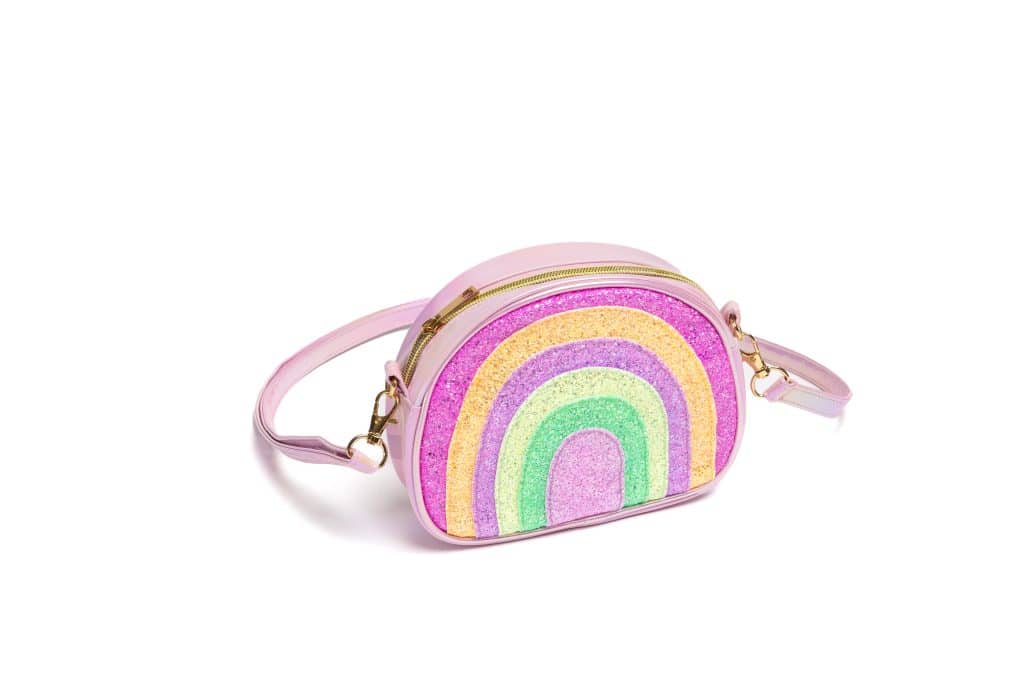 Roze unicorn tas als schoudertas met glinsterende regenboog en rits.