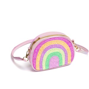 Roze unicorn tas als schoudertas met glinsterende regenboog en rits.