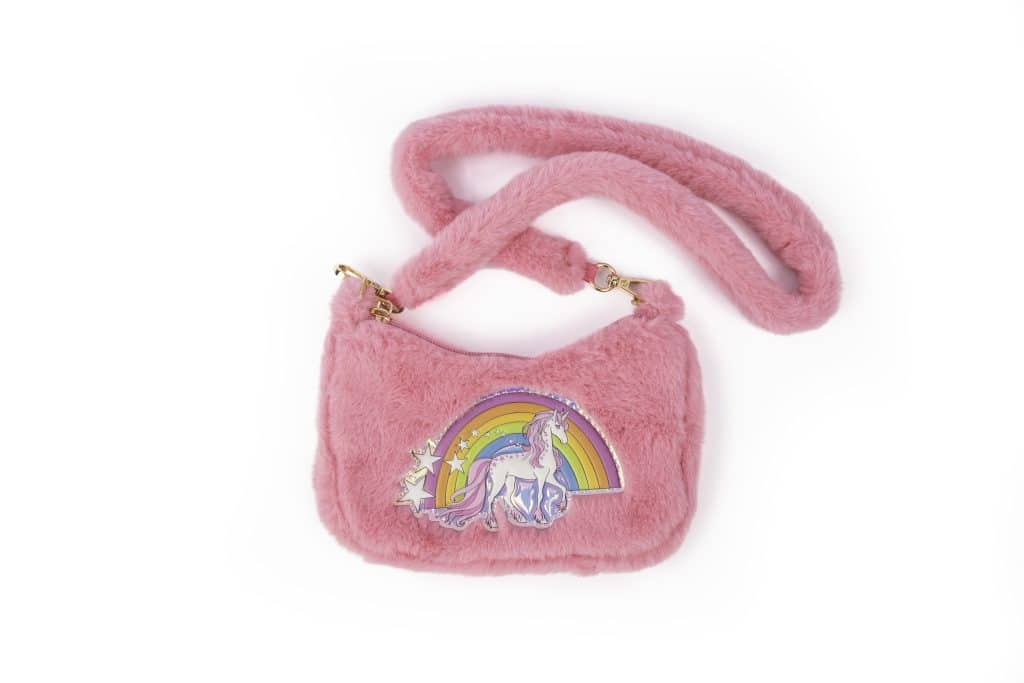 Roze pluche Unicorn schoudertas met lange band, regenboogapplicatie en eenhoorn op de voorkant