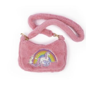 Roze pluche Unicorn schoudertas met lange band, regenboogapplicatie en eenhoorn op de voorkant