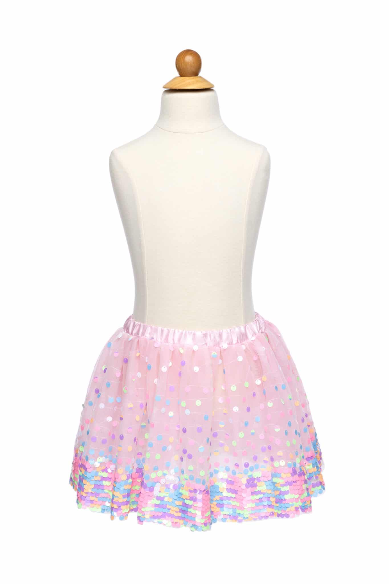 Great Pretenders roze pailletten rok op een paspop, met kleurrijke glanzende pailletten en een elastische tailleband