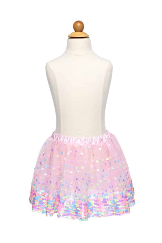 Great Pretenders roze pailletten rok op een paspop, met kleurrijke glanzende pailletten en een elastische tailleband