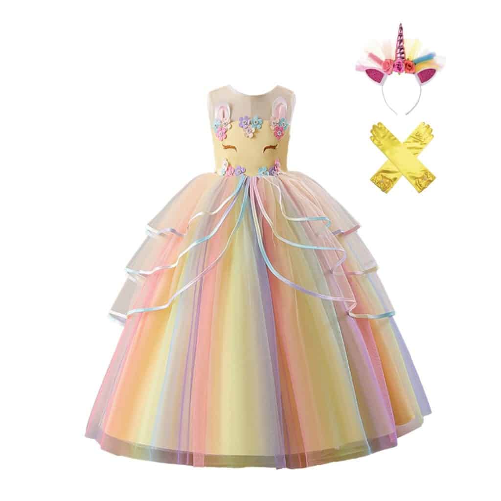 Gele unicorn jurk met kleurrijke tule rok, eenhoornhaarband en gele handschoenen