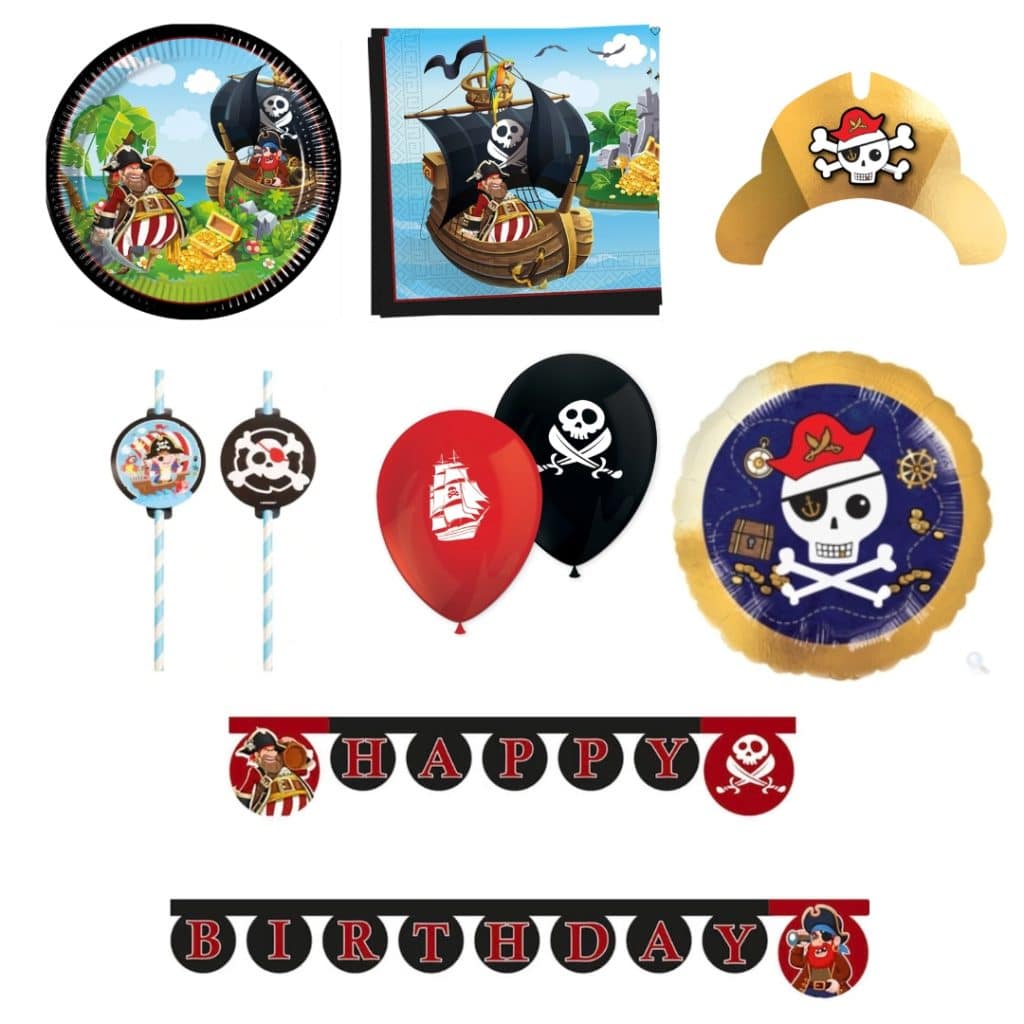 Javoli piraten kinderfeest pakket met borden, servetten, ballonnen, prikkertjes, een kroon en Happy Birthday-slingers.