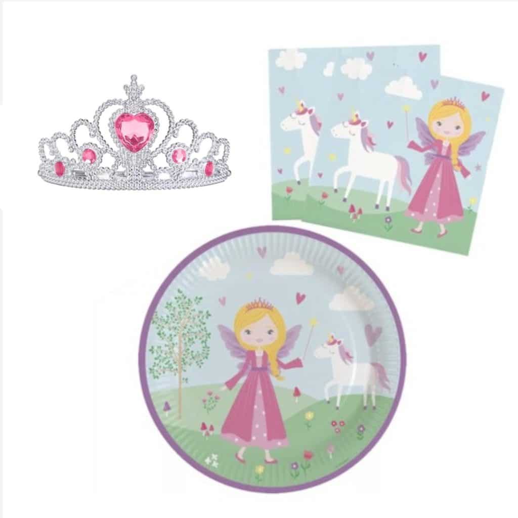 Javoli prinsessen kinderfeest pakket met zilverkleurige tiara en roze feestartikelen met prinses en eenhoorns