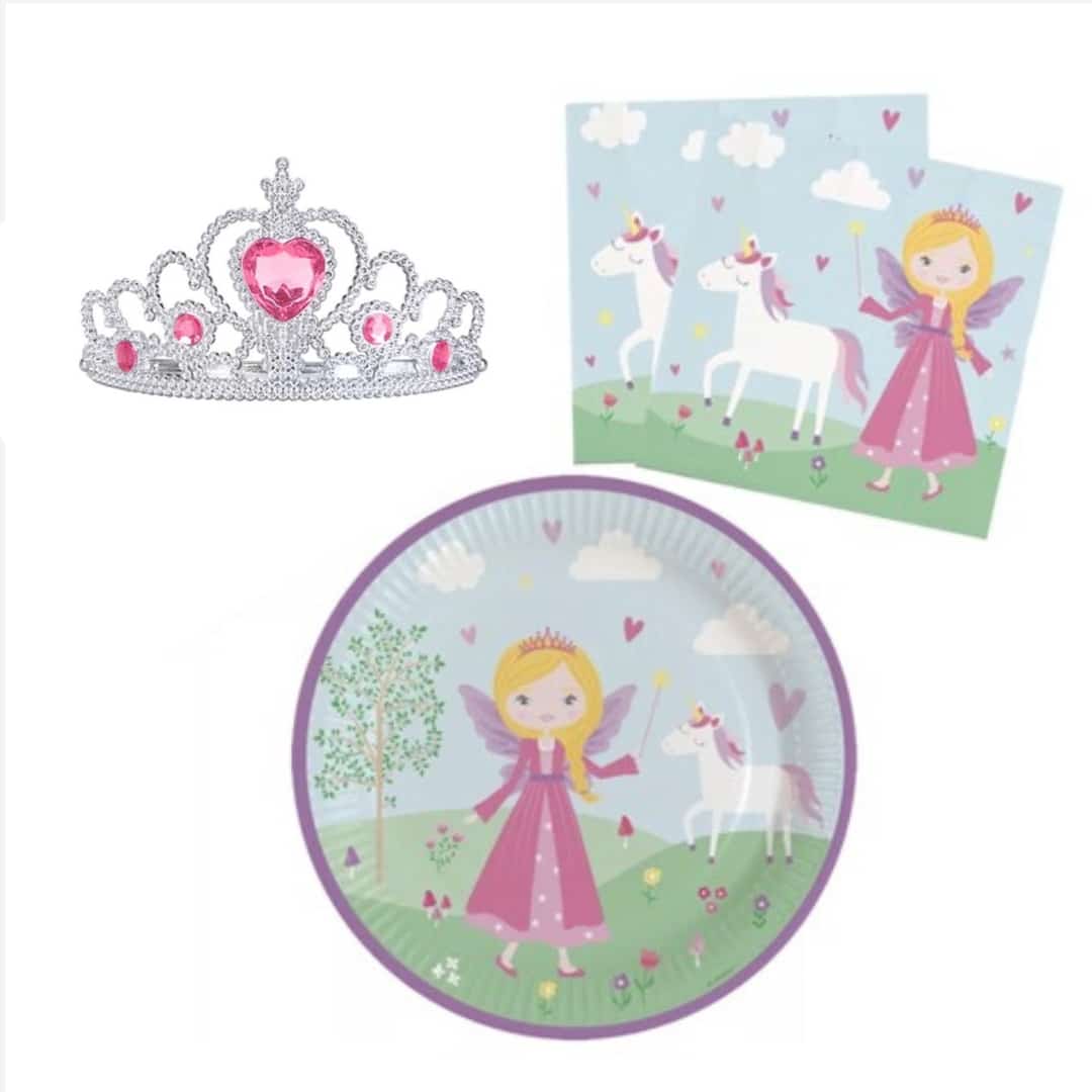 Javoli prinsessen kinderfeest pakket met zilverkleurige tiara en roze feestartikelen met prinses en eenhoorns