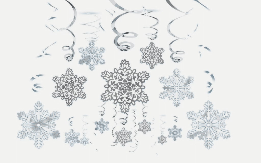 Javoli frozen slinger met zilveren en witte sneeuwvlokken en krullende hangers, onderdeel van de set van 30 stuks