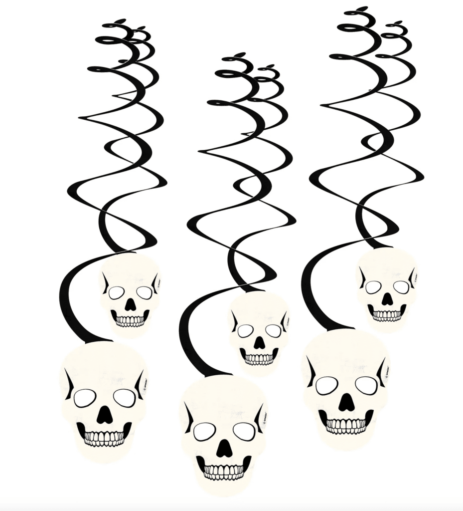 Zes zwarte Javoli spiraal slingers met witte doodshoofden voor Halloweenversiering