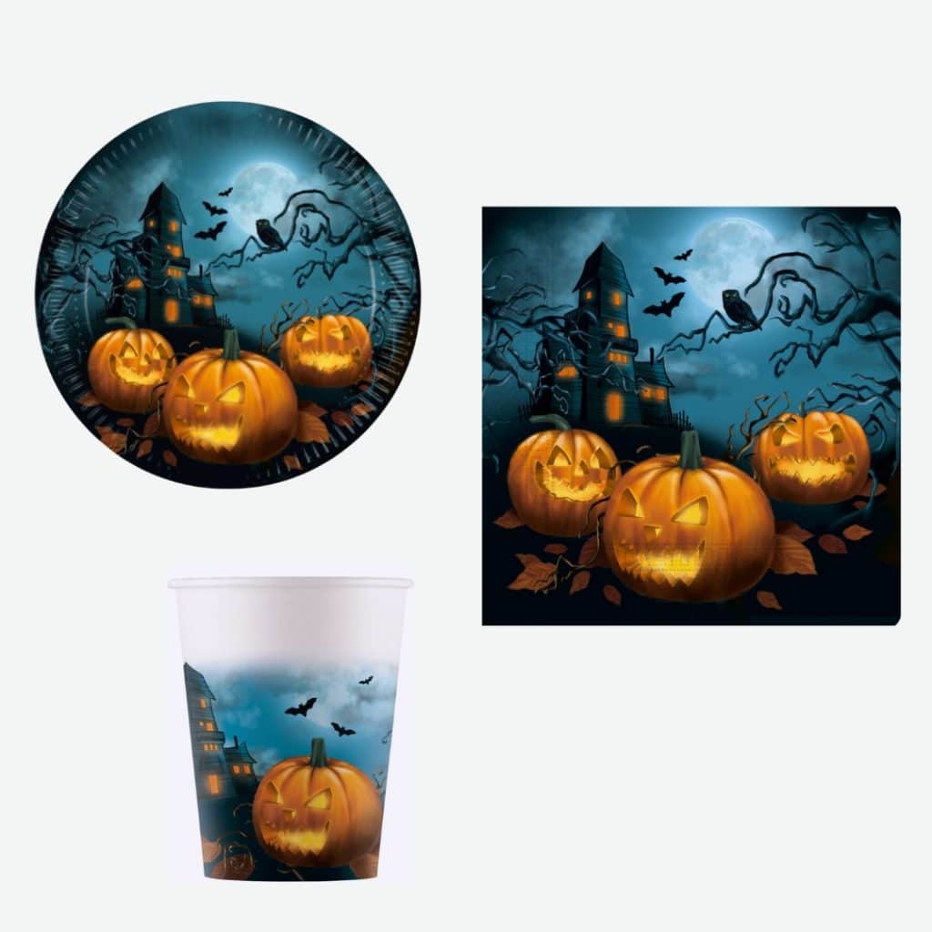 Halloween kinderfeestje feestpakket met een bord, servet en papieren beker met pompoenen, vleermuizen en een spookhuis
