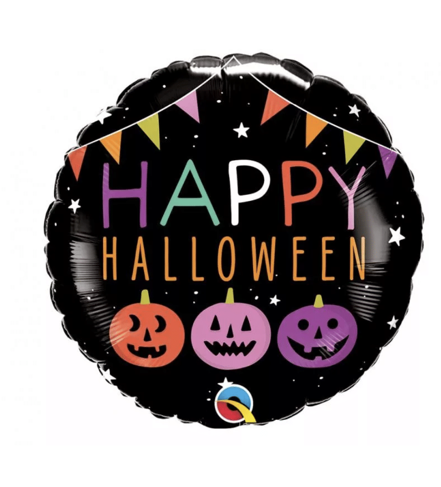 Ronde Halloween folieballon van 46 cm met Happy Halloween-tekst, kleurrijke vlaggetjes, sterren en drie pompoenen
