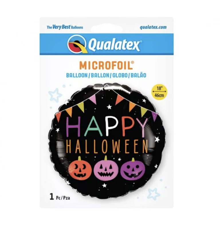 Verpakking van de Javoli Halloween folieballon: zwarte ronde ballon met Happy Halloween, vlaggetjes en drie pompoenen