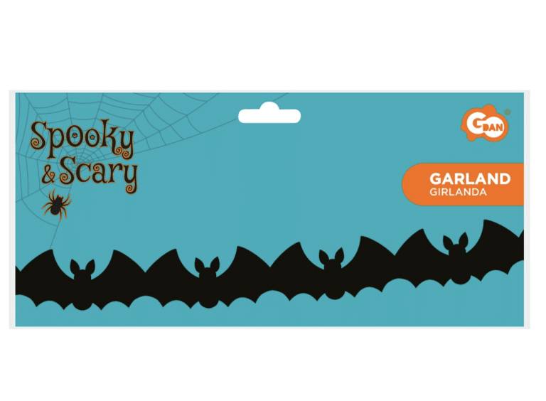 Verpakking met een zwarte halloween vleermuis-slinger van 3 meter met silhouetten van vleermuizen