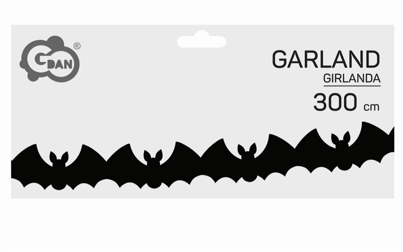 Verpakking van de zwarte Halloween vleermuizen slinger van 3 meter met herhaalde vleermuissilhouetten