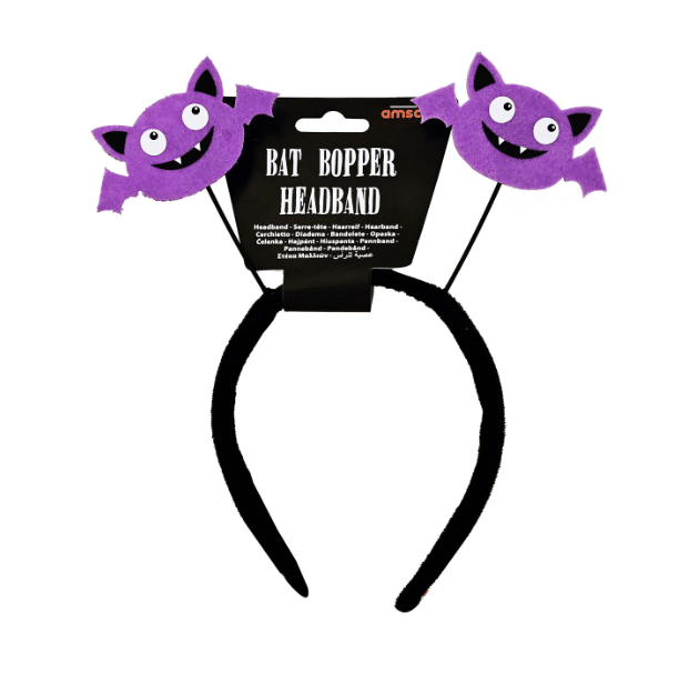 Halloween diadeem met twee paarse vleermuizen en zwart kunststof frame, getoond op de verpakking