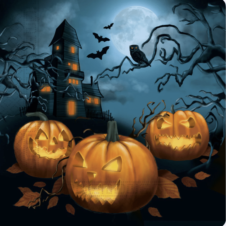 Halloween kinderfeestje met drie griezelige pompoenen, een spookhuis, vleermuizen en een uil bij volle maan