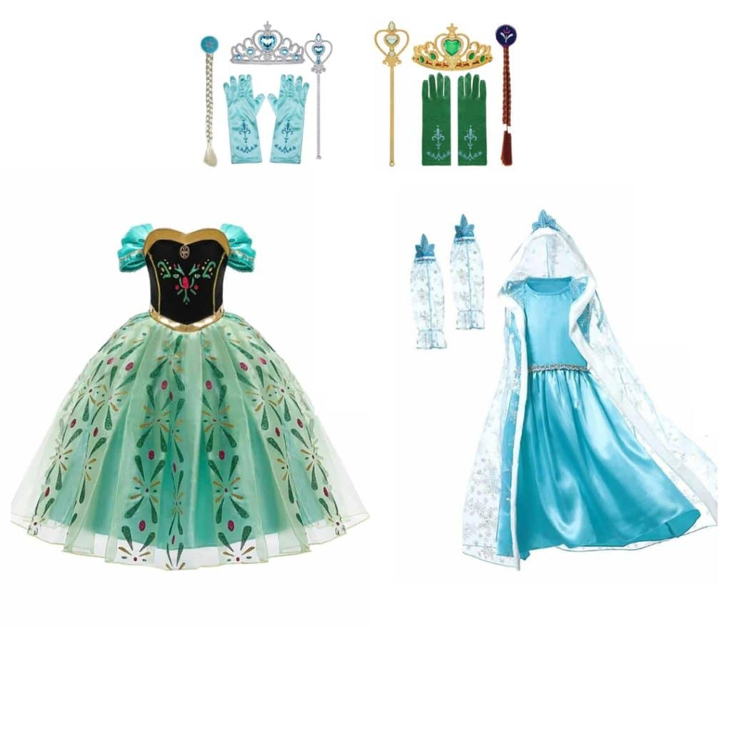 Combideal met een groene Anna-jurk, blauwe elsa jurk en bijpassende handschoenen, kroontjes en toverstokken.
