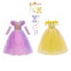 Combideal met paarse Rapunzeljurk, gele Belle prinsessenjurk en accessoires zoals kroontjes, handschoenen en sieraden