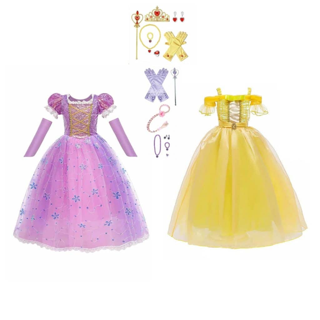 Combideal met paarse Rapunzeljurk, gele Belle prinsessenjurk en accessoires zoals kroontjes, handschoenen en sieraden