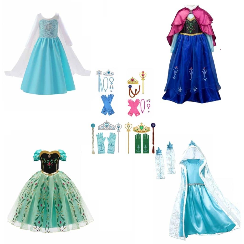 Frozen pakket met vier prinsessenjurken in blauw, groen en roze, met kroontjes, handschoenen, capes en andere accessoires