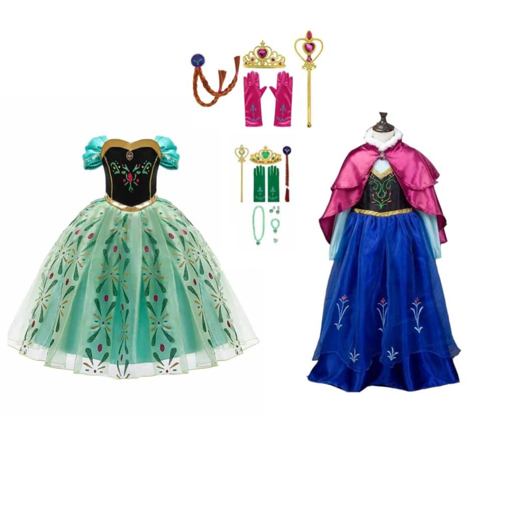 Combideal met twee Frozen Anna prinsessenjurken: een groene en een blauwe jurk met bijpassende accessoires