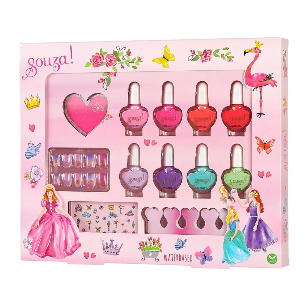 Roze verpakking van de 12-delige prinsessen nagelset met acht flesjes kindernagellak, plaknagels en stickers