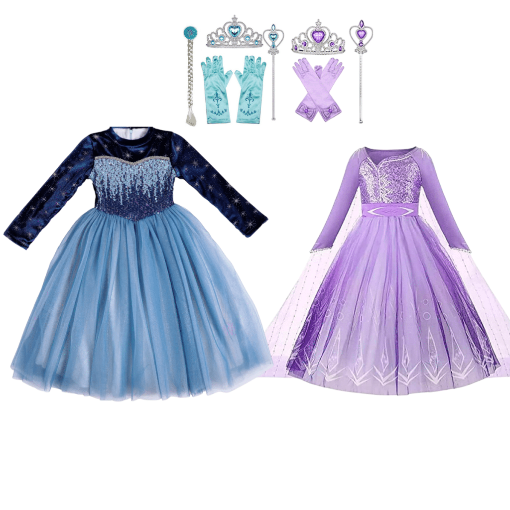 Voordeelpakket met een blauwe en paarse Elsa prinsessenjurk, twee tiara’s, handschoenen en accessoires