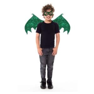 Jongen draagt groene draken vleugels en een groen drakenmasker van de set, met zwarte kleding tegen een witte achtergrond.