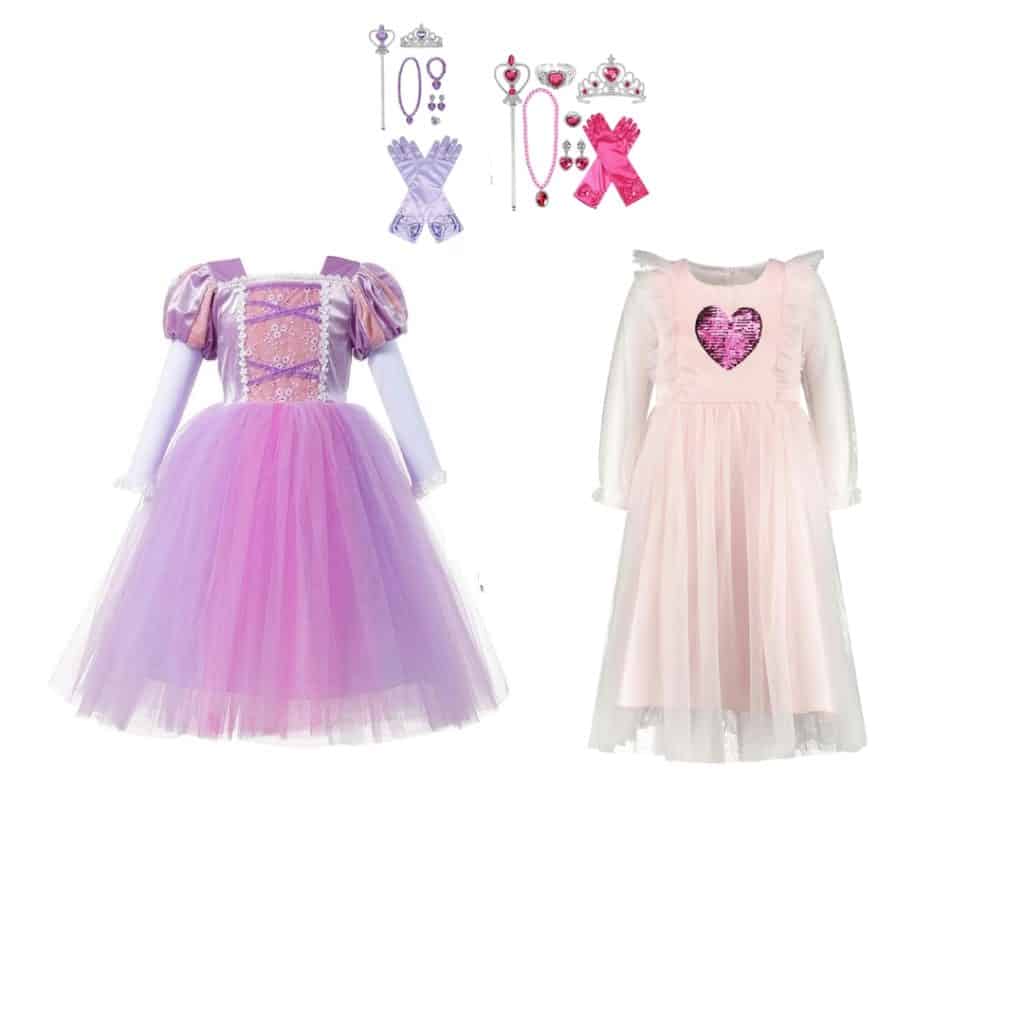 Combideal met paarse Rapunzel jurk, lichtroze elfjesjurk met paillettenhart en bijpassende accessoires