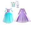 Elsa zeemeermin voordeelpakket met turquoise zeemeerminjurk, paarse Elsa-jurk en tiara's, handschoenen en accessoires