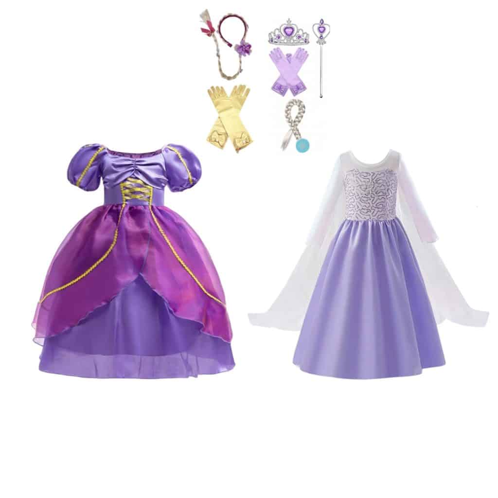 Voordeelpakket Rapunzel Elsa van Het Betere Merk met een paarse en lila prinsessenjurk en bijpassende accessoires