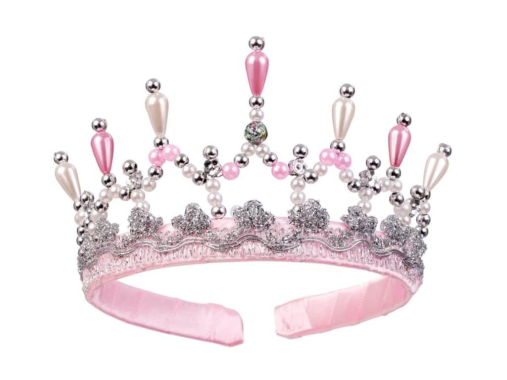 Roze diadeem kroon Mary met zilveren glitters, parels en roze satijnen band