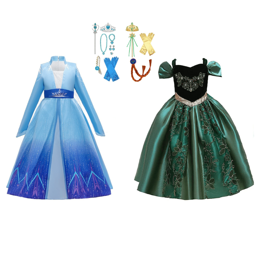 Blauwe Elsa jurk en groene Anna jurk met 13-delig accessoireset, waaronder kronen, handschoenen en sieraden