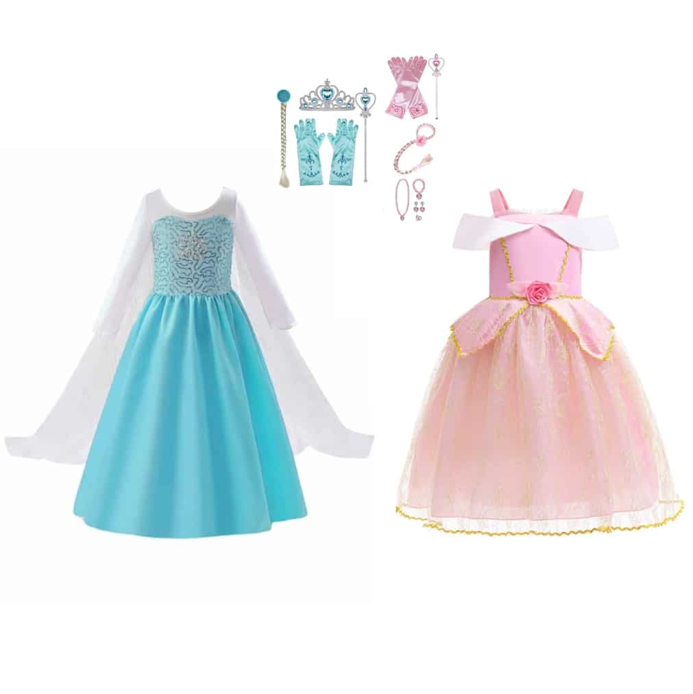 Combideal van Het Betere Merk met een blauwe frozen jurk, roze Doornroosjejurk en bijpassende accessoires op witte achtergrond.
