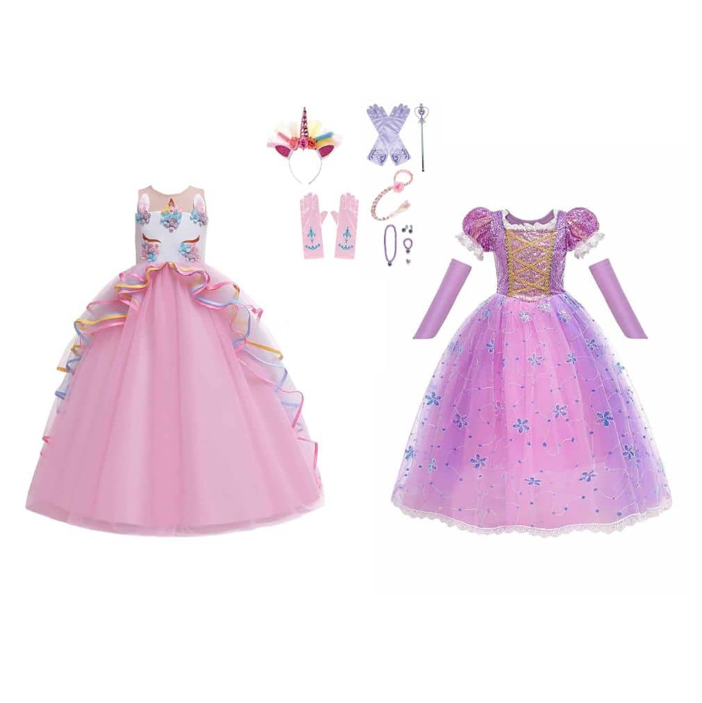 Roze unicorn prinsessenjurk en paarse Rapunzel jurk met bijpassende handschoenen, haarbanden en accessoires