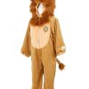 Bruine onesie leeuw met pluizige manen, oortjes, ritssluiting, lichte buik en lange staart op een paspop.