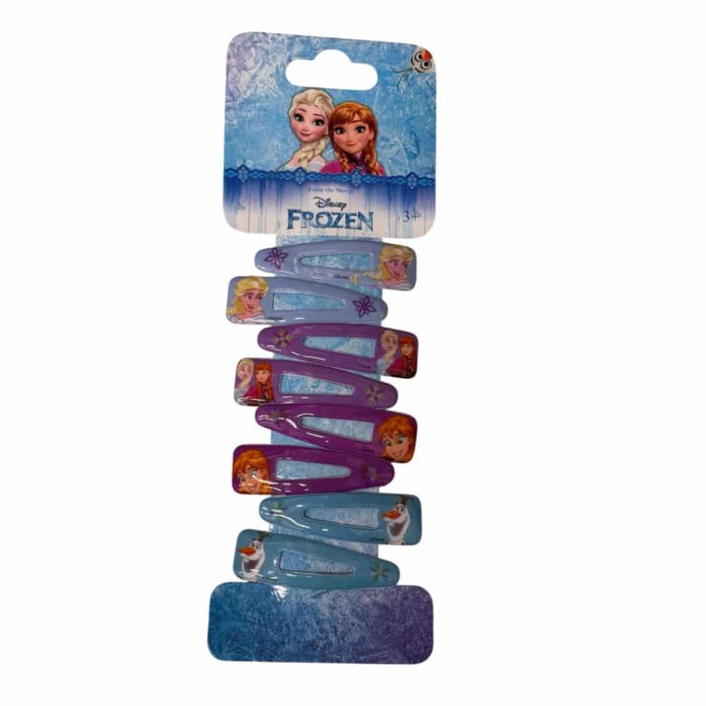 Set van 8 Frozen haarspeldjes met kleurrijke clips met Anna, Elsa en Olaf op een blauwe verpakking