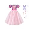 Paarse Rapunzel prinsessenjurk met roze rok, lange handschoenen, staf en sieraden voor Rapunzel carnaval