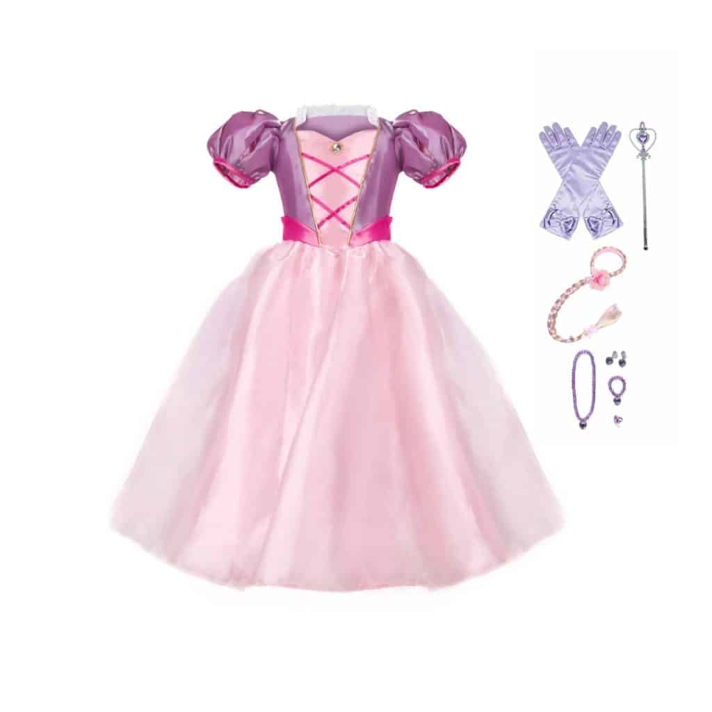 Paarse Rapunzel prinsessenjurk met roze rok, lange handschoenen, staf en sieraden voor Rapunzel carnaval