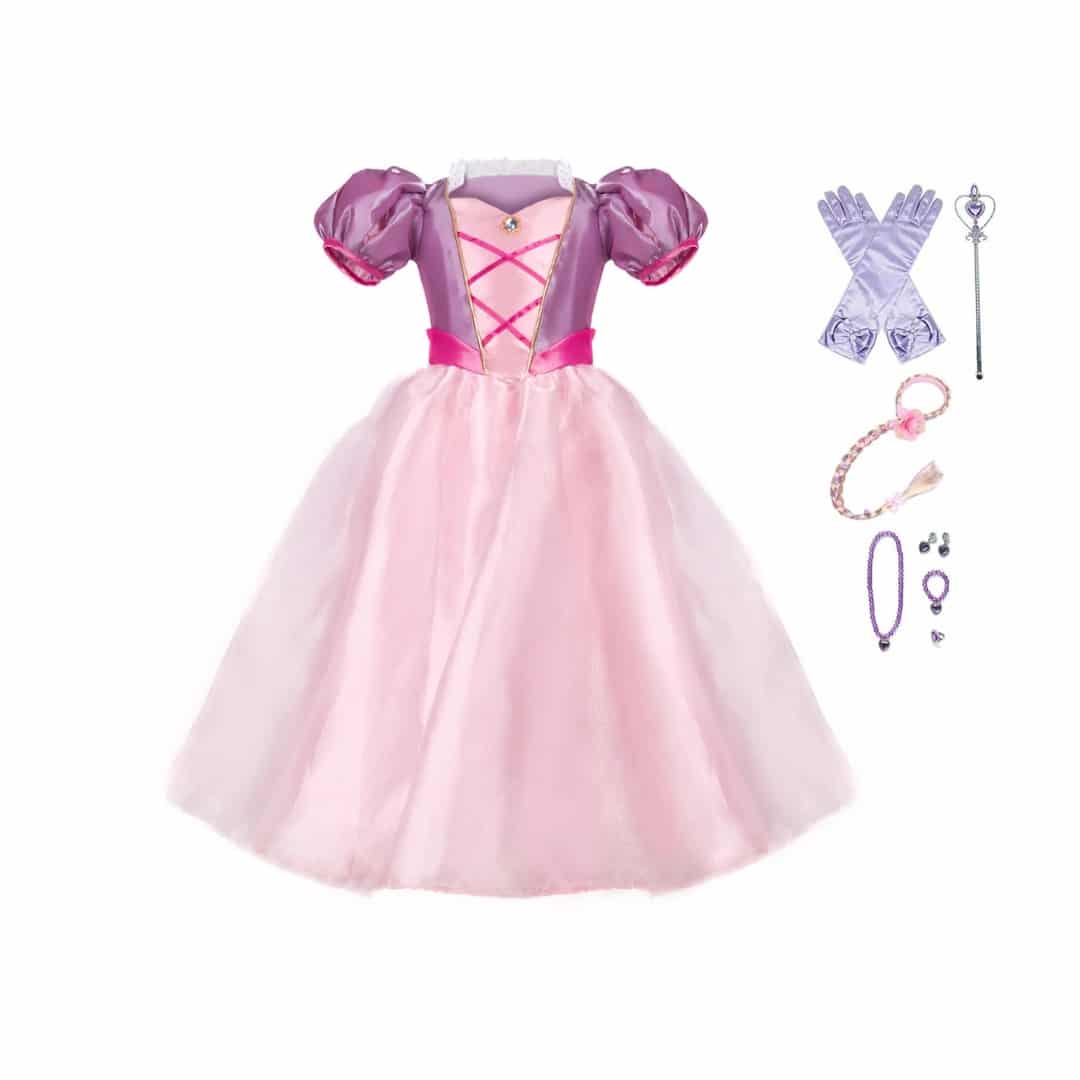 Paarse Rapunzel prinsessenjurk met roze rok, lange handschoenen, staf en sieraden voor Rapunzel carnaval