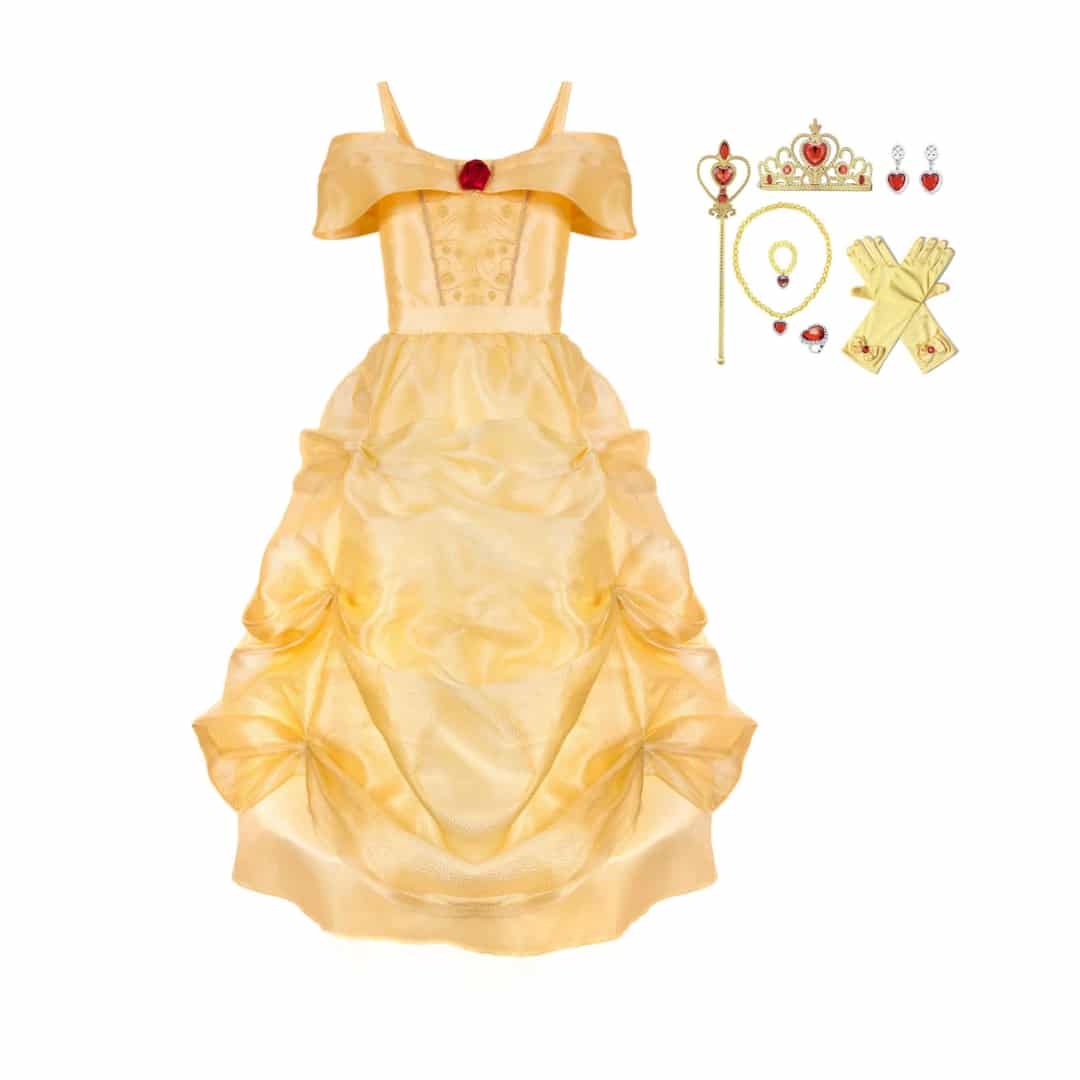 Gele Belle jurk met glanzende rok en bijpassende accessoires zoals een kroon, handschoenen en toverstaf