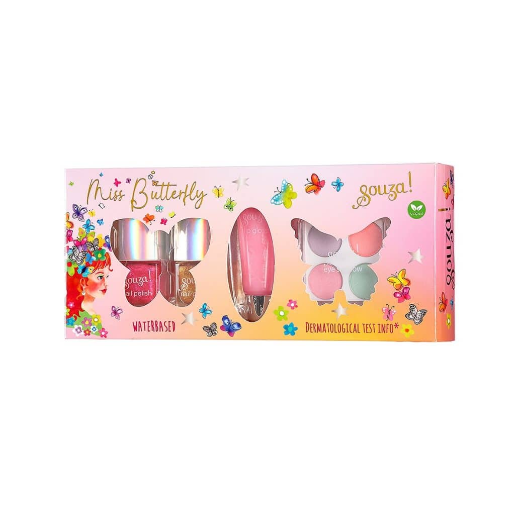 Souza! Make-up set vlinder in een roze doos met twee nagellakken, lipgloss en een oogschaduwpalet met vier kleuren.