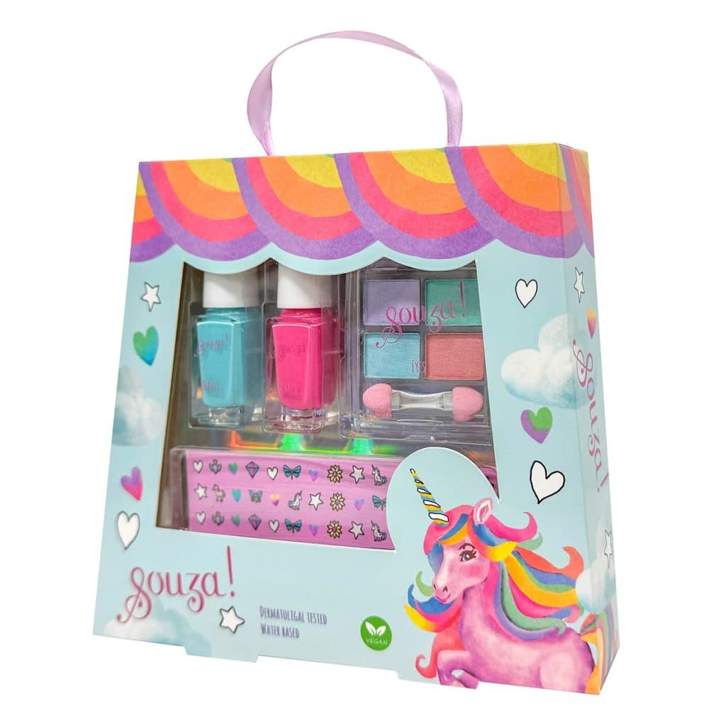 Eenhoorn make up set voor ogen en nageltjes in kleurrijke verpakking met nagellak, oogschaduw, stickers en een eenhoorn