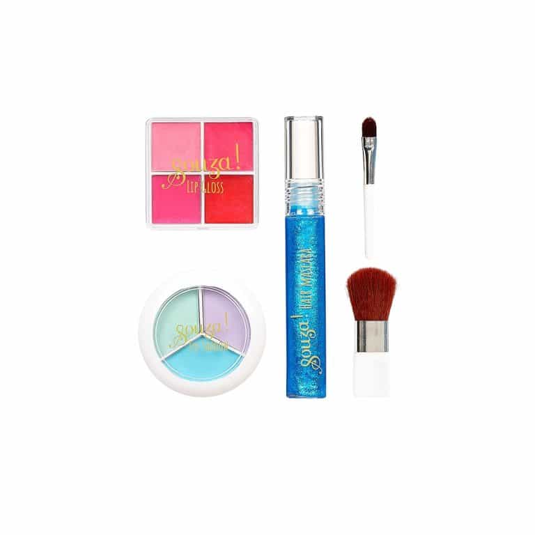 Souza make up kids met roze lipgloss, blauwe glittergel, oogschaduw en twee kwasten uit de prinsessen beautyset.