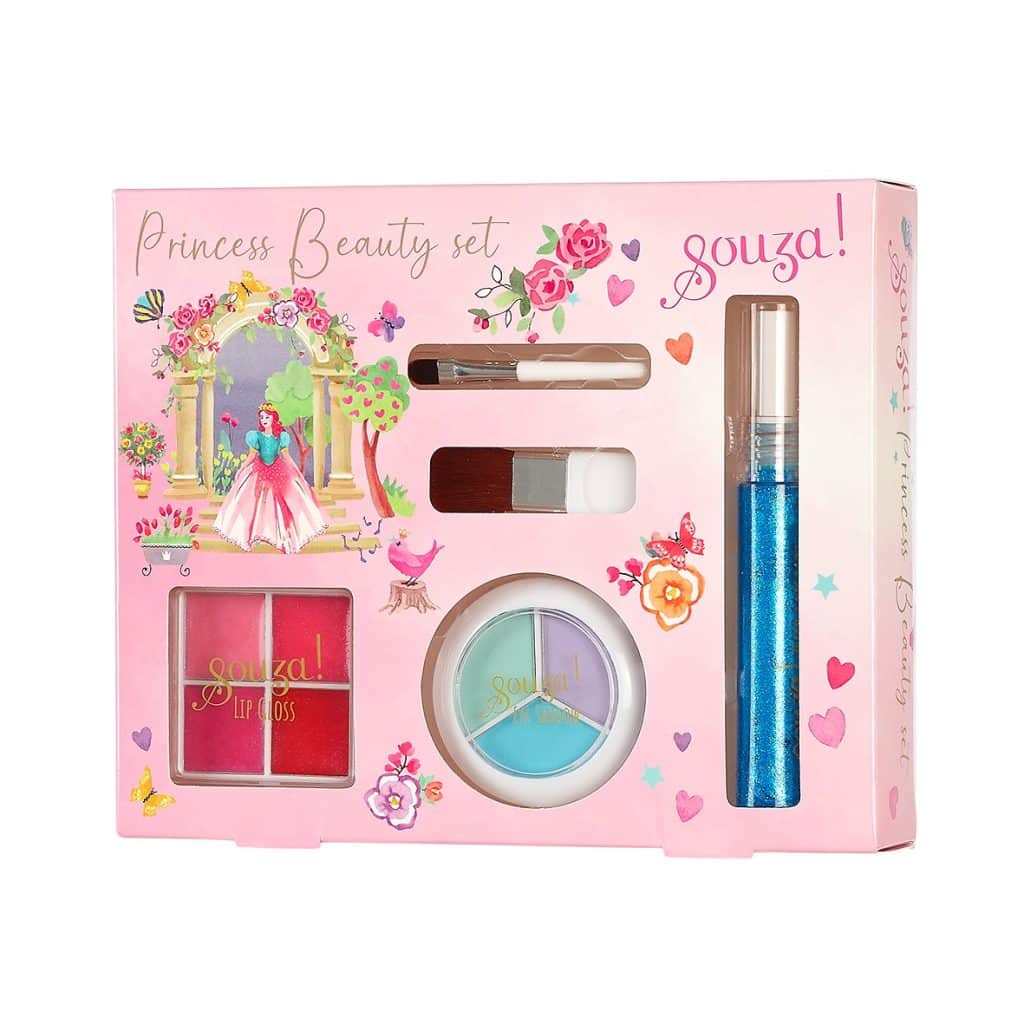 Roze prinsessen beautyset in doos met lipgloss, oogschaduw, kwasten en een blauwe glittergel