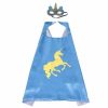 Blauwe eenhoorncape met geel eenhoornmotief en bijpassend masker, onderdeel van een superhelden cape kind-set