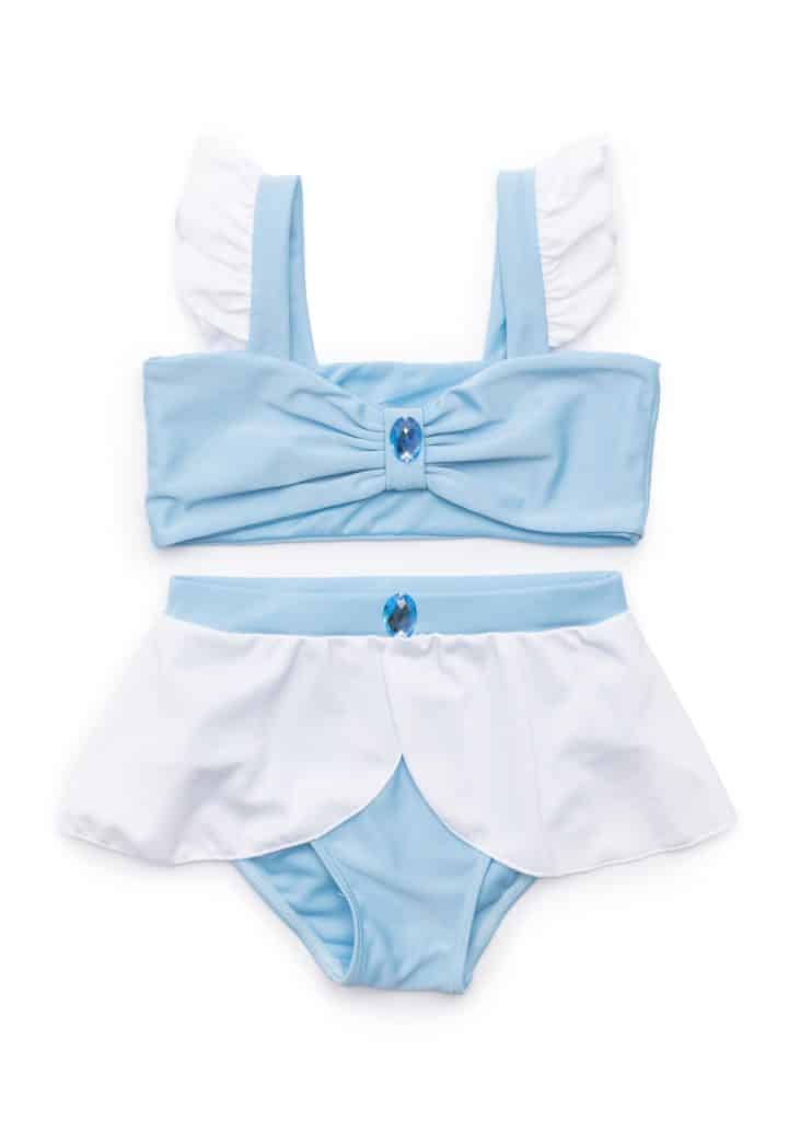 Lichtblauw-witte bikini cinderella met wit rokje, blauwe strik en witte schouderbanden